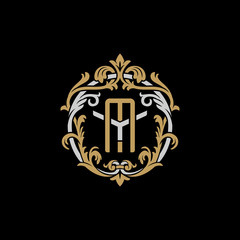 Initial letter Y and M, YM, MY, decorative ornament emblem badge, overlapping monogram logo, elegant luxury silver gold color on black background