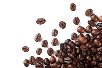 Roasted coffee beans isolated on white background with copy space. 