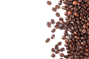 Roasted coffee beans isolated on white background with copy space.
