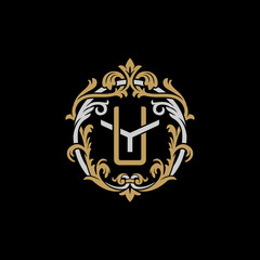 Initial letter Y and U, YU, UY, decorative ornament emblem badge, overlapping monogram logo, elegant luxury silver gold color on black background