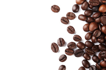 Roasted coffee beans isolated on white background with copy space.