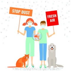 People who wear respirators. Polluted air, smog. Vector