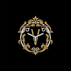 Initial letter Y and V, YV, VY, decorative ornament emblem badge, overlapping monogram logo, elegant luxury silver gold color on black background