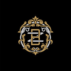 Initial letter Z and B, ZB, BZ, decorative ornament emblem badge, overlapping monogram logo, elegant luxury silver gold color on black background
