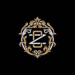 Initial letter Z and C, ZC, CZ, decorative ornament emblem badge, overlapping monogram logo, elegant luxury silver gold color on black background