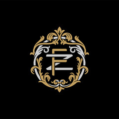Initial letter Z and F, ZF, FZ, decorative ornament emblem badge, overlapping monogram logo, elegant luxury silver gold color on black background