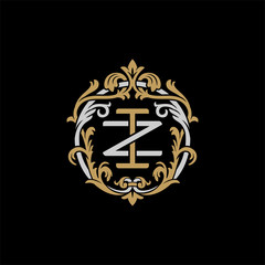 Initial letter Z and I, ZI, IZ, decorative ornament emblem badge, overlapping monogram logo, elegant luxury silver gold color on black background