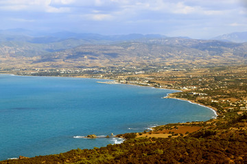 Fototapeta na wymiar Chrysochous bay view from Akamas, retro color grading
