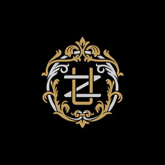 Initial letter Z and U, ZU, UZ, decorative ornament emblem badge, overlapping monogram logo, elegant luxury silver gold color on black background