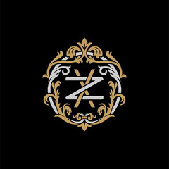 Initial letter Z and X, ZX, XZ, decorative ornament emblem badge, overlapping monogram logo, elegant luxury silver gold color on black background