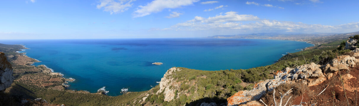 Chrysochous bay panorama, Cyprus. Popular locations in the picture - Akamas, Polis, Latchi, Argaka, Pomos, Cape Arnaoutis, Baths of Aphrodite, Blue Lagoon, Manolis bay, Fontana Amorosa