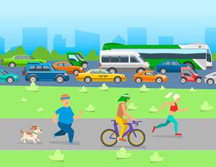 Naklejka premium City traffic with transport vehicles banner. Set of transportation tools with bus, bicycle, cars and other transport on road. City life and urban background vector illustration.