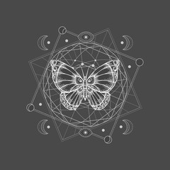 Vector illustration with hand drawn butterfly and Sacred geometric symbol on black background. Abstract mystic sign.