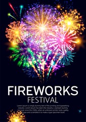 Fireworks festival bursting in various shapes and colors, sparkling lights against black background poster vector illustration. Advertisement of event at night. Invitation to holiday. - 267214486