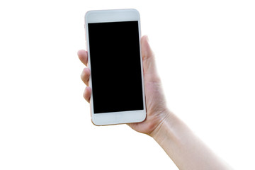 Hand holding mobile Smart Phone on white Background