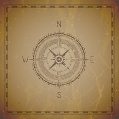 Vector illustration with a vintage compass or wind rose and frame on grunge background.