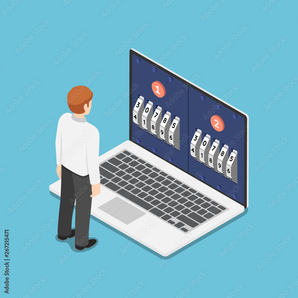 Poster isometric businessman standing in front of laptop with two step password verification