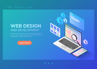 isometric website development and application interface design on laptop