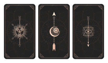 Vector set of three dark backgrounds with geometric symbols, grunge textures and frames. Abstract geometric symbols and sacred mystic signs drawn in lines.