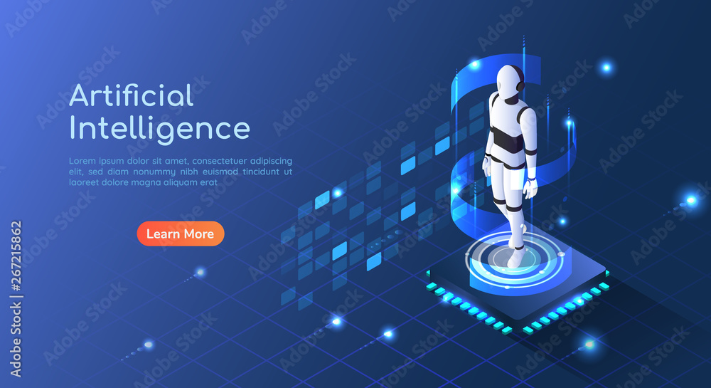 Poster isometric web banner ai robot floating on computer chip circuit board