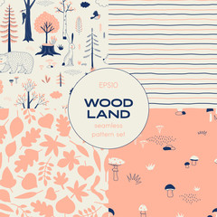 Forest wildlife childish vector seamless pattern set.Woody landscape with Hedgehog Bear Hare creatures repeatable background. Woodland tree leaves graphics. Autumn Mushroom harvest print. Doodle