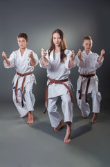 Group of young karate players doing kata on the gray background