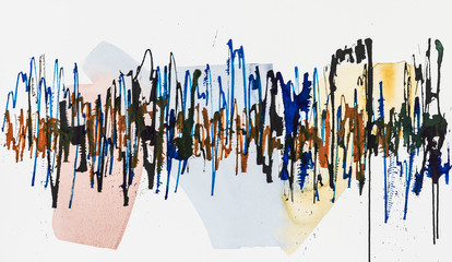 An Abstract Calligraphic Squiggle, work with a Cola Pen giving chaos and mess and splatter on a watercolor background.