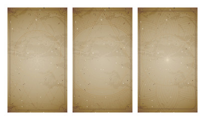 .Vector set of three vintage backgrounds with geometric symbols and frames. Abstract geometric symbols and sacred mystic signs drawn in lines.