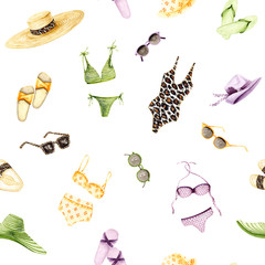 Seamless pattern of watercolor swimsuit, sunglasses, hat, flip flops. Vacation items isolated on white. Hand painted set perfect for card making, vintage design and fabric textile. Illustration