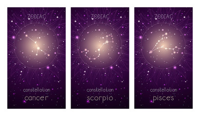 Set of three cards with Zodiac constellations and abstract geometric symbol against the starry sky.