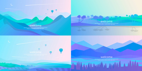 A set of minimalist landscapes.  Vector background in a flat style.  Futuristic concept.  Color gradient with wavy effect