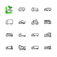 Truck Set of Transport Vector Line Icons. Contains such Icons as Truck, Transportation, Tow Truck, Cranes, Mixer, Garbage Truck, Manipulators, Delivery service and more. Editable Stroke. 32x32 Pixel