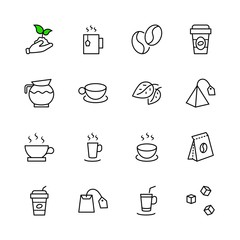 Set of Coffee and Tea Vector Line Icons. Contains such Icons as Cup of Tea,  Teabags, Coffee beans and Green Tea Leaves, a pitcher of Water, Sugar Cubes and more. Editable Stroke. 32x32 Pixel Perfect