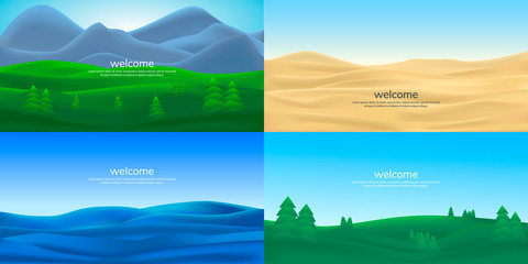A set of vector landscapes in 3d style.  Natural wavy backgrounds set.  Minimalistic illustration