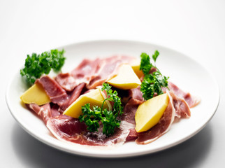 jamon serrano parma prosciutto style smoked ham with mango fruit