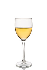 Wine glass with white wine half full.