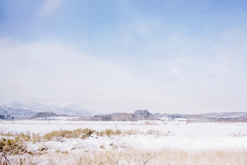Beautiful scenic outdoor and nature view snow covered meadow of Sapporo countryside's winter under...