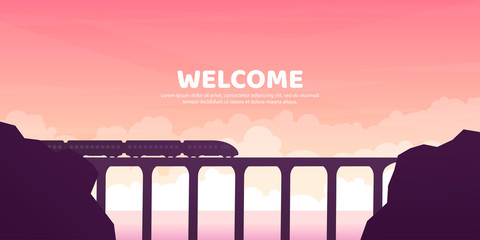 The train goes by the bridge. Vector illustration. Landscape in a flat style. Canyon © VVadi4ka