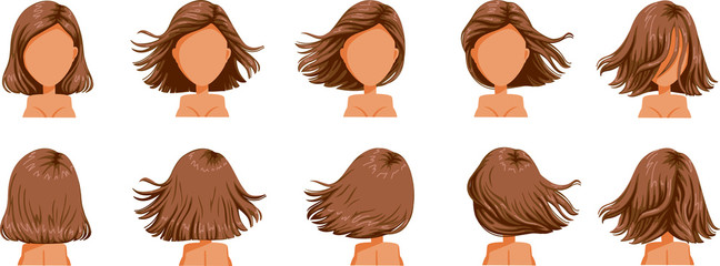 hair blown women set. Wide view The hair is blown away. Front, rear, left, right. Beautiful hairstyle brown short hair of female.  trendy haircut. vector icon set isolated on white background.