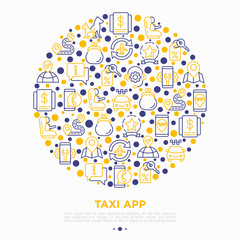 Taxi app concept in circle with thin line icons: payment method, promocode, app settings, info, support service, phone number, airport transfer, baby seat. Vector illustration for print media.