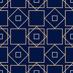 Wall murals Dark blue  Geometric square print. Golden pattern on dark blue seamless background