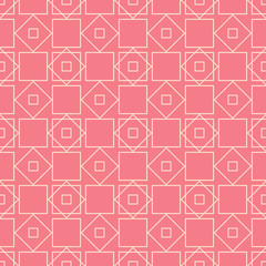 Geometric seamless pattern. Beige sqaure print on pink background