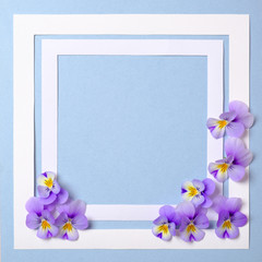 Floral frame with wild flower petals on pastel blue background. Top view, tender minimal flat lay style composition. Invitation, greeting card or an element for your design