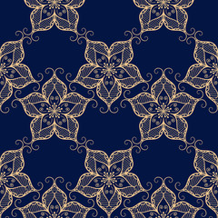 Indian seamless pattern. Golden design on dark blue background