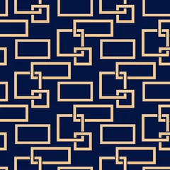Foto op Plexiglas Donkerblauw Geometrische vierkante print. Gouden patroon op donkerblauwe naadloze achtergrond