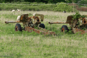 Anti-aircraft warfare (counter-air defense) abandoned. Wrecks of old vehicles belonging to the...