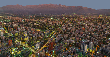 Top view panoramic of sunset over Santiago de Chile city