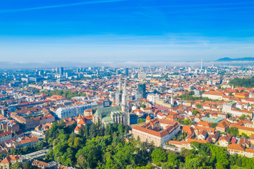 Zagreb, capital of Croatia, city center aerial view from drone, cathedral, Ribnjak park and Upper town