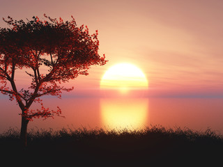 3D maple tree against a sunset sky