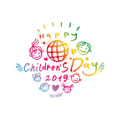 Children's Day. Bright multicolored drawn by hand line logo. Joyful smiling boys and girls template to the International Children's Day. Vector inscription and globe and funny kids.